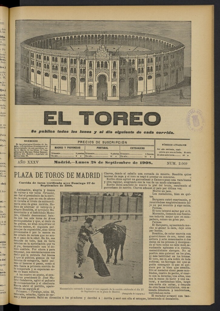 Miniatura de El Toreo: suplemento a "La Correspondencia Teatral"  del 28 de septiembre de 1908, nº 2009