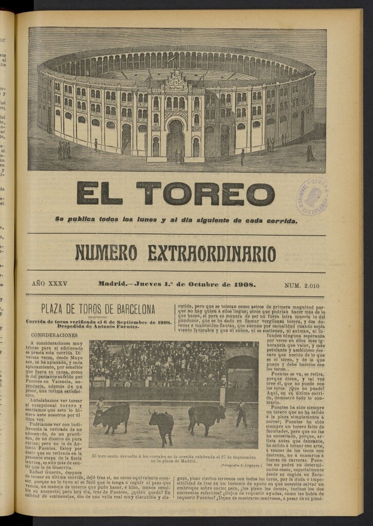 Miniatura de El Toreo: suplemento a ´´La Correspondencia Teatral´´  del 1 de octubre de 1908, nº 2010