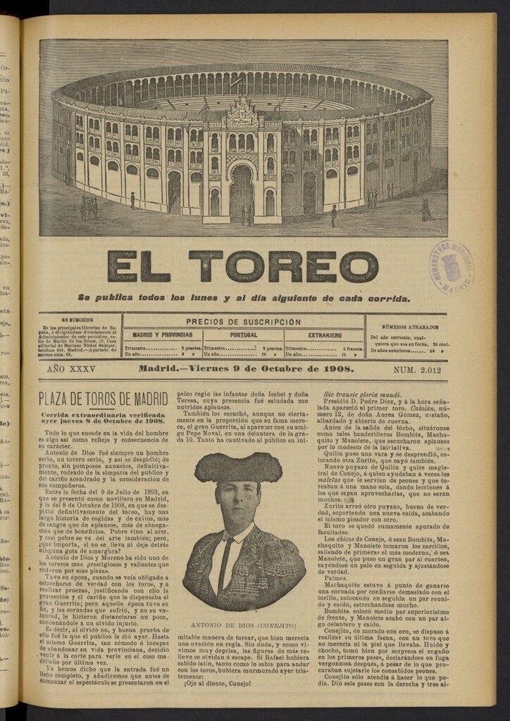Miniatura de El Toreo: suplemento a "La Correspondencia Teatral"  del 9 de octubre de 1908, nº 2012