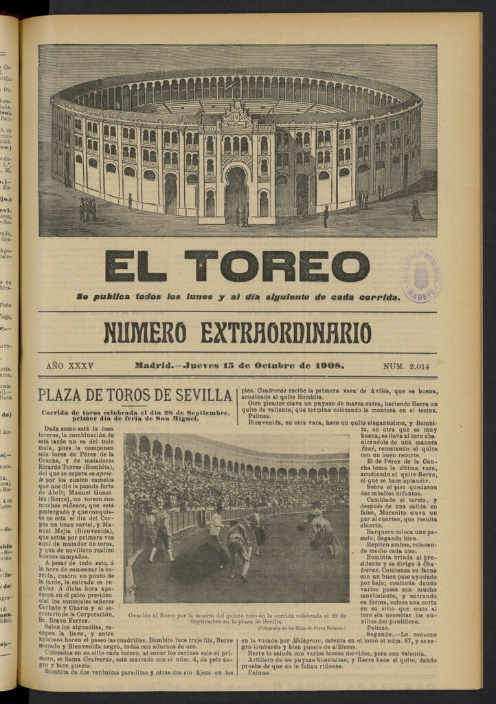 Miniatura de El Toreo: suplemento a ´´La Correspondencia Teatral´´  del 15 de octubre de 1908, nº 2014