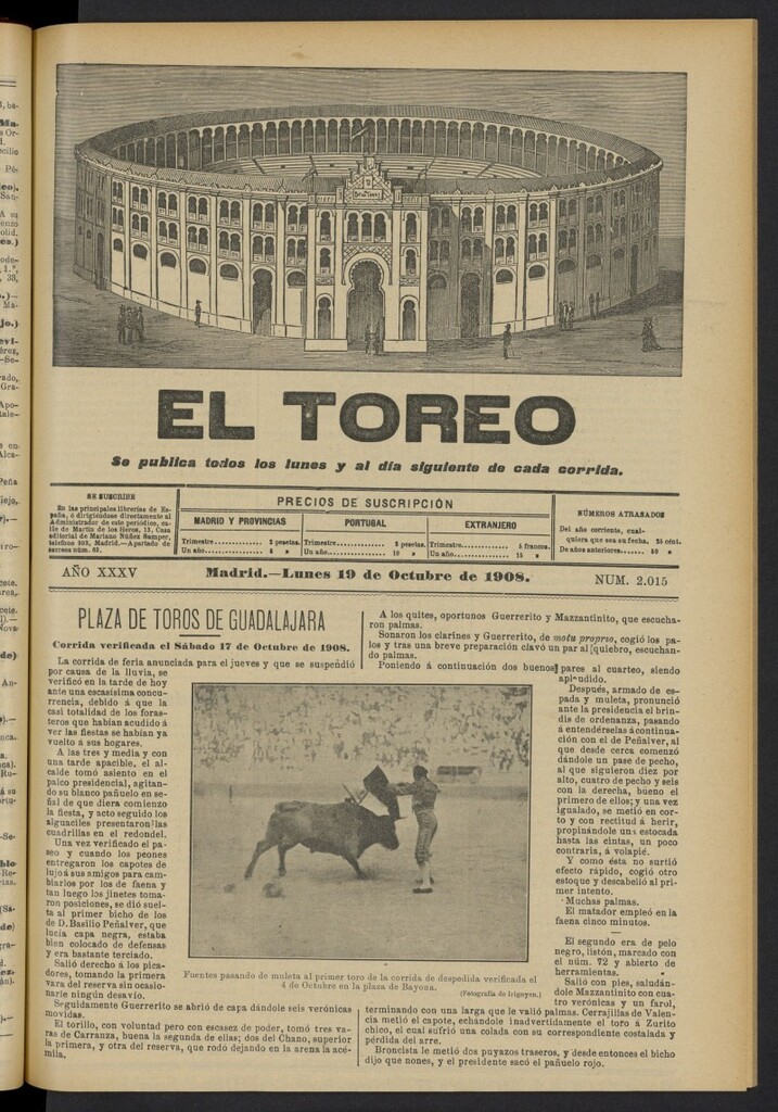 Miniatura de El Toreo: suplemento a ´´La Correspondencia Teatral´´  del 19 de octubre de 1908, nº 2015