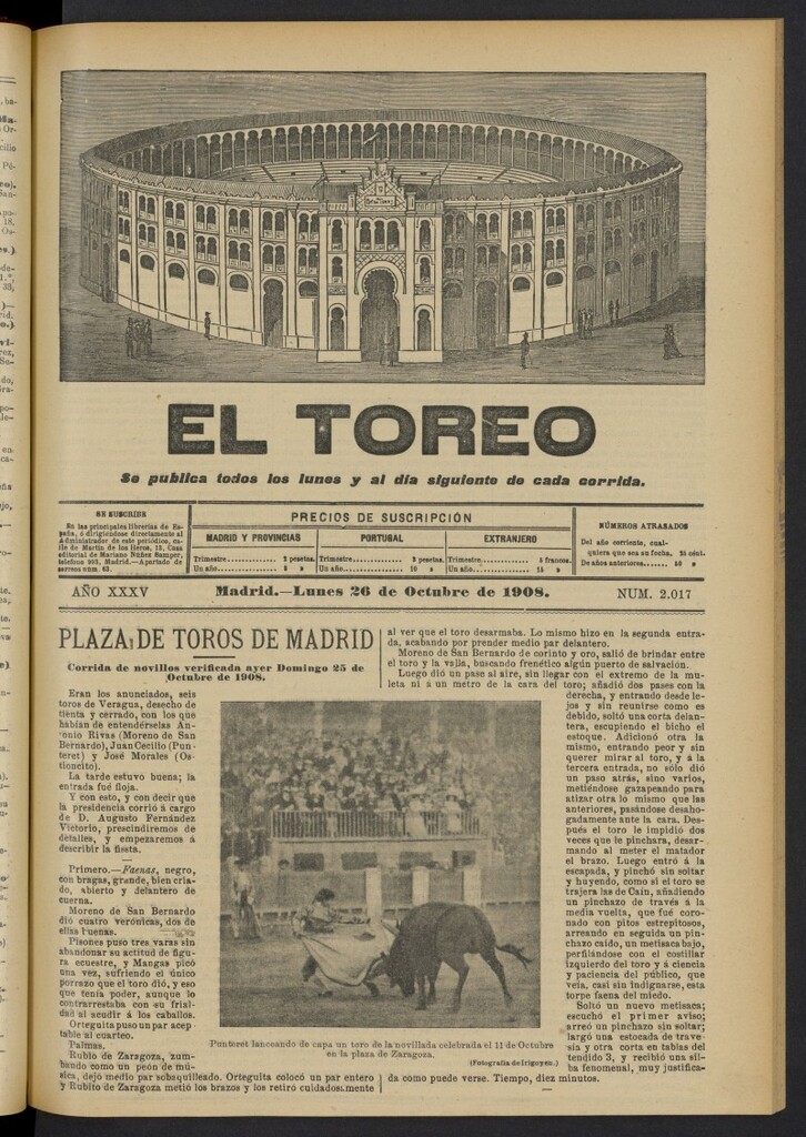 Miniatura de El Toreo: suplemento a "La Correspondencia Teatral"  del 26 de octubre de 1908, nº 2017
