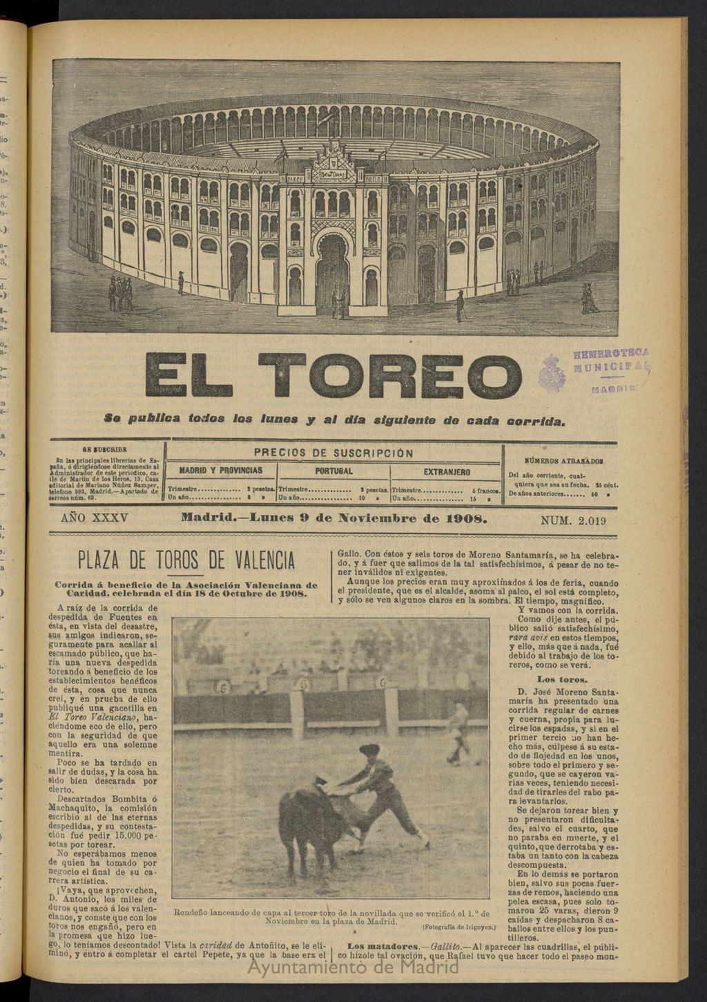Miniatura de El Toreo: suplemento a "La Correspondencia Teatral"  del 9 de noviembre de 1908, nº 2019