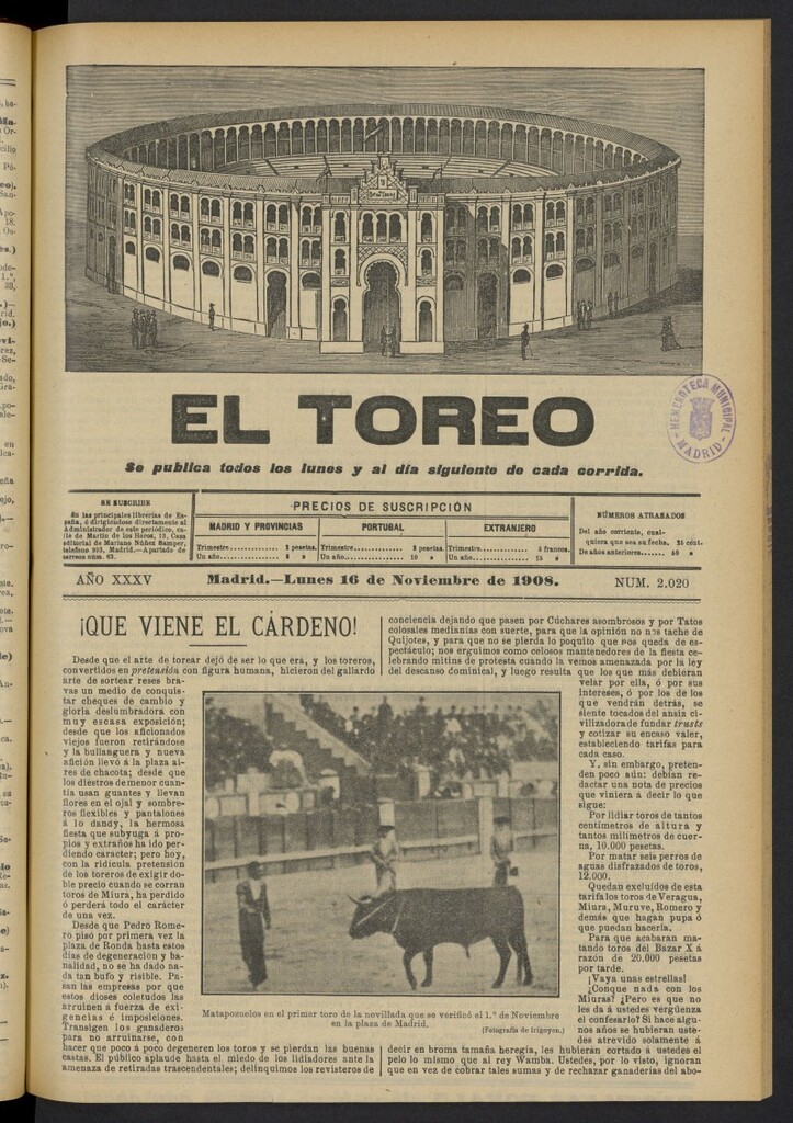 Miniatura de El Toreo: suplemento a ´´La Correspondencia Teatral´´  del 16 de noviembre de 1908, nº 2020