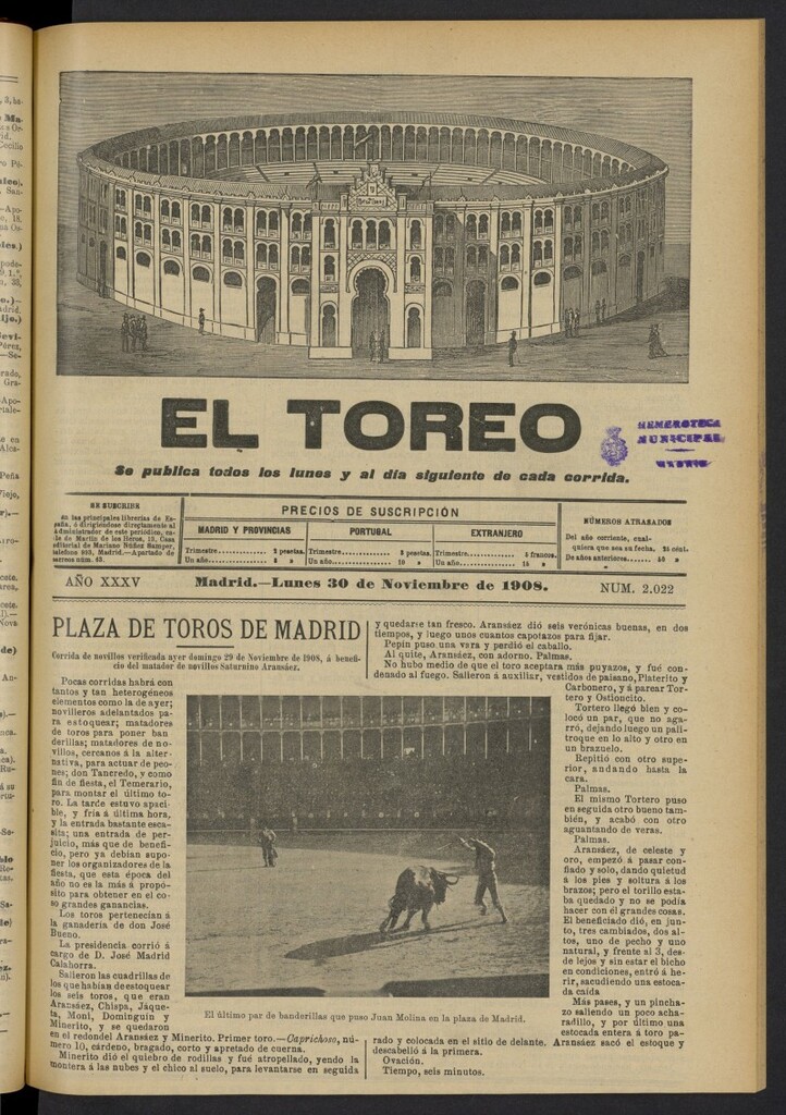 Miniatura de El Toreo: suplemento a "La Correspondencia Teatral"  del 30 de noviembre de 1908, nº 2022