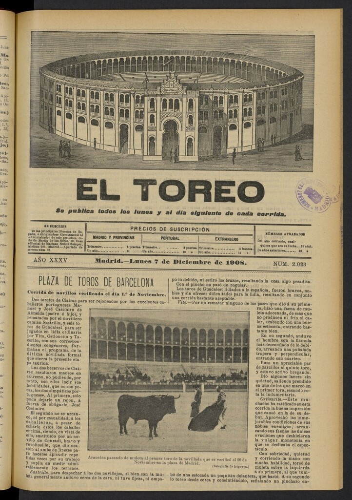 Miniatura de El Toreo: suplemento a "La Correspondencia Teatral"  del 7 de diciembre de 1908, nº 2023