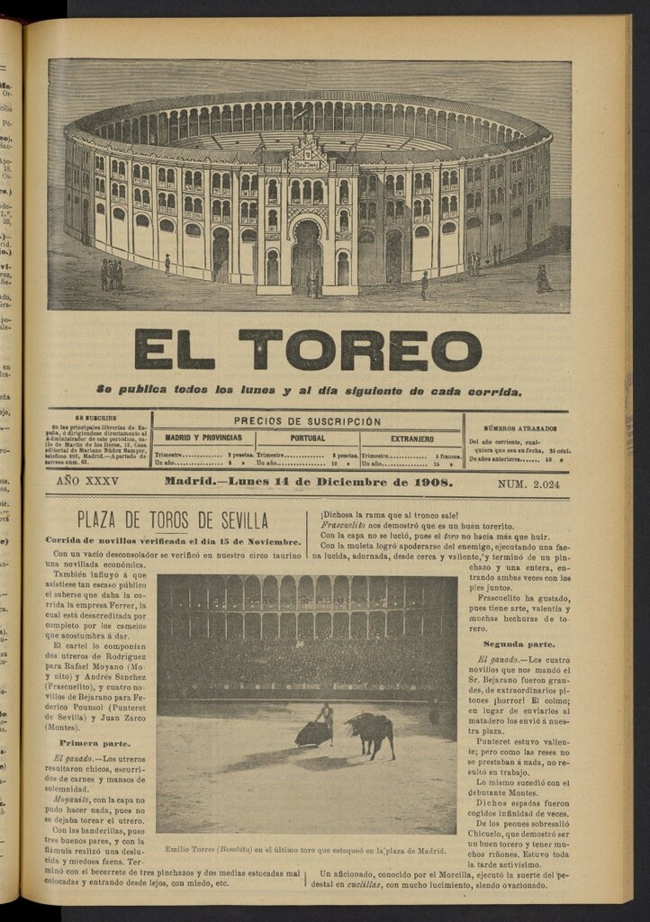 Miniatura de El Toreo: suplemento a ´´La Correspondencia Teatral´´  del 14 de diciembre de 1908, nº 2024