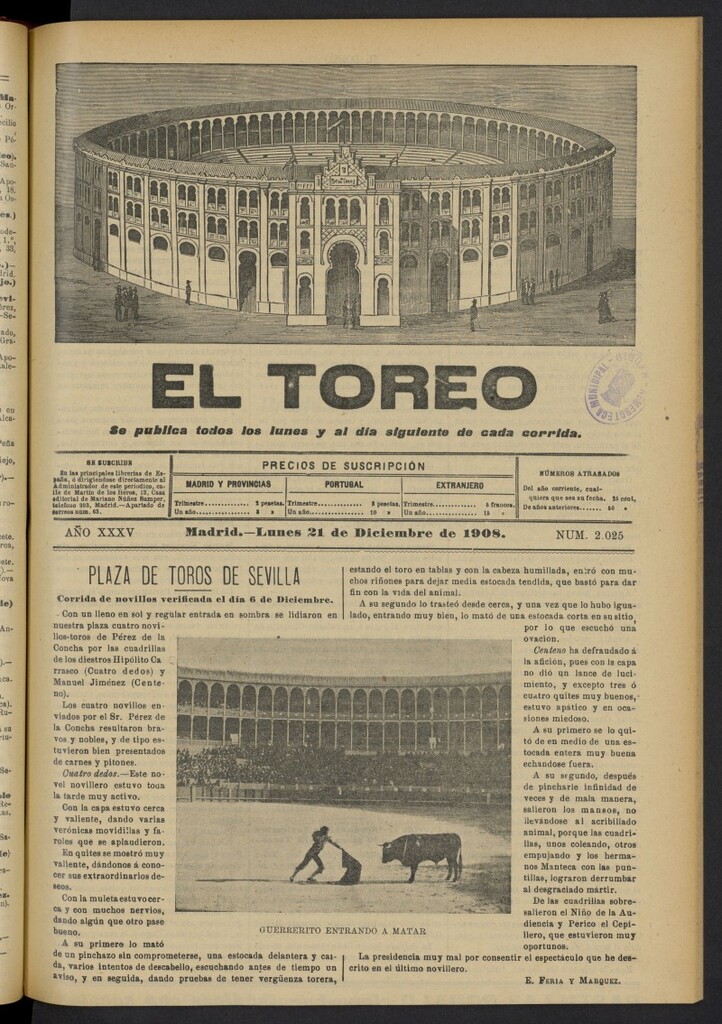 Miniatura de El Toreo: suplemento a ´´La Correspondencia Teatral´´  del 21 de diciembre de 1908, nº 2025