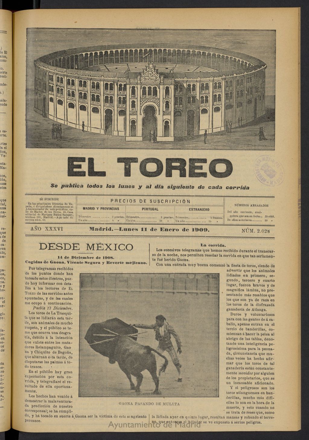 Miniatura de El Toreo: suplemento a ´´La Correspondencia Teatral´´  del 11 de enero de 1909, nº 2028