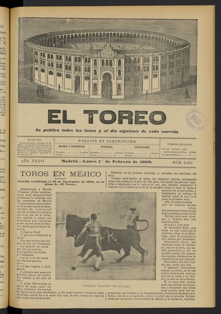 Miniatura de El Toreo: suplemento a ´´La Correspondencia Teatral´´  del 1 de febrero de 1909, nº 2031