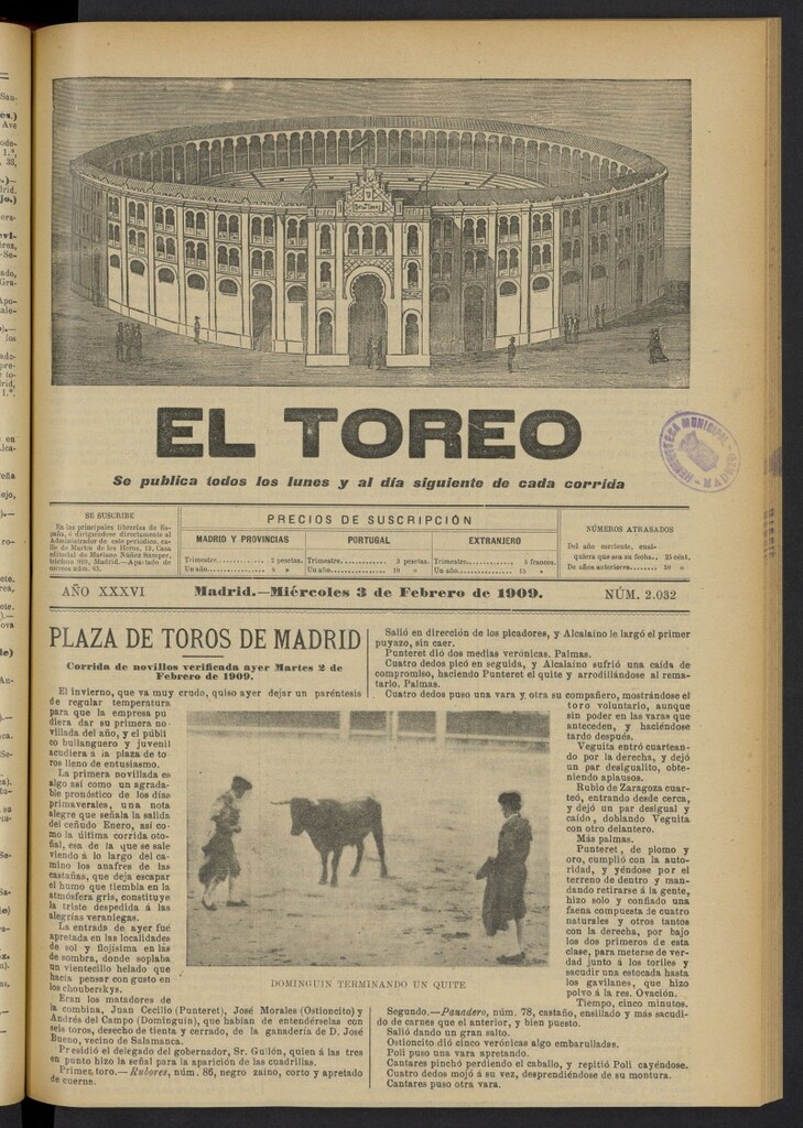 Miniatura de El Toreo: suplemento a "La Correspondencia Teatral"  del 3 de febrero de 1909, nº 2032