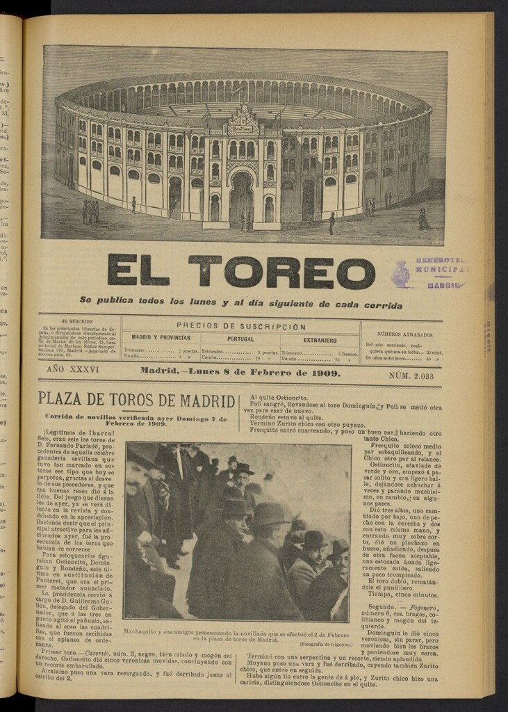 Miniatura de El Toreo: suplemento a "La Correspondencia Teatral"  del 8 de febrero de 1909, nº 2033