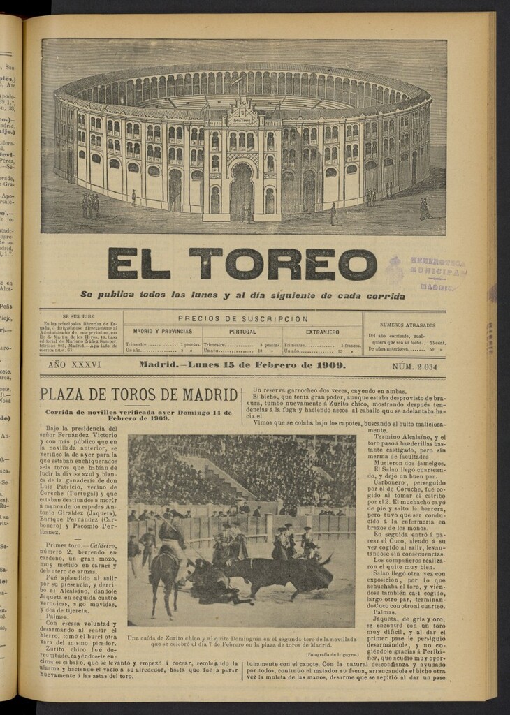 Miniatura de El Toreo: suplemento a ´´La Correspondencia Teatral´´  del 15 de febrero de 1909, nº 2034
