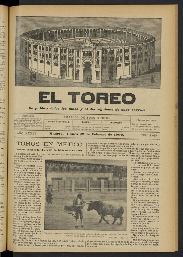 Miniatura de El Toreo: suplemento a ´´La Correspondencia Teatral´´  del 22 de febrero de 1909, nº 2035