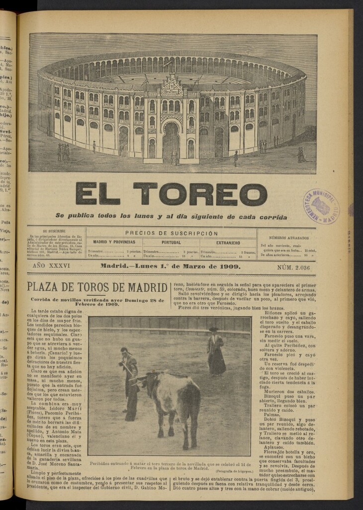 Miniatura de El Toreo: suplemento a ´´La Correspondencia Teatral´´  del 1 de marzo de 1909, nº 2036