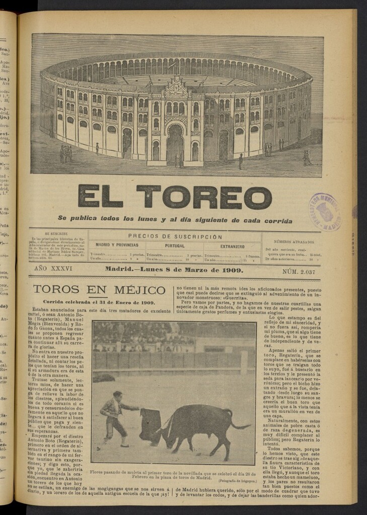 Miniatura de El Toreo: suplemento a "La Correspondencia Teatral"  del 8 de marzo de 1909, nº 2037