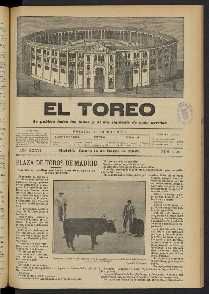 Miniatura de El Toreo: suplemento a ´´La Correspondencia Teatral´´  del 15 de marzo de 1909, nº 2038