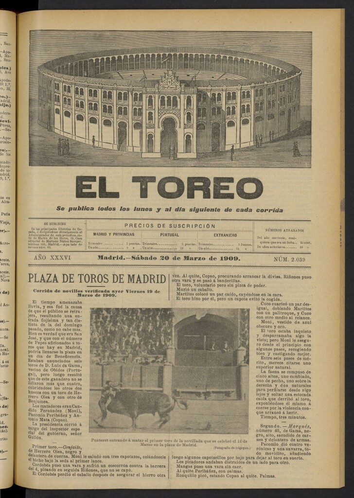 Miniatura de El Toreo: suplemento a ´´La Correspondencia Teatral´´  del 20 de marzo de 1909, nº 2039