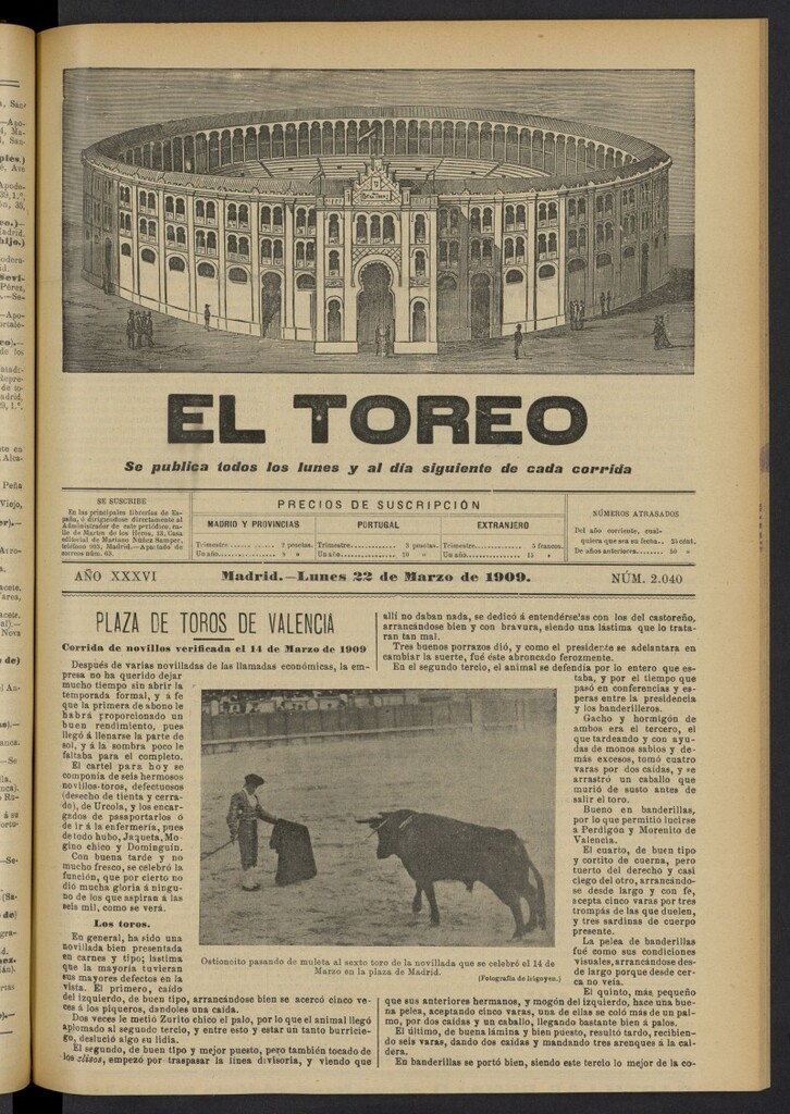 Miniatura de El Toreo: suplemento a "La Correspondencia Teatral"  del 22 de marzo de 1909, nº 2040