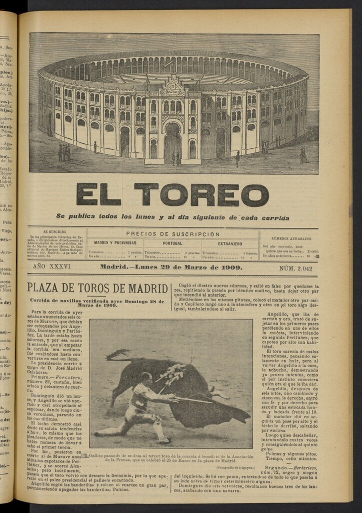 Miniatura de El Toreo: suplemento a "La Correspondencia Teatral"  del 29 de marzo de 1909, nº 2042
