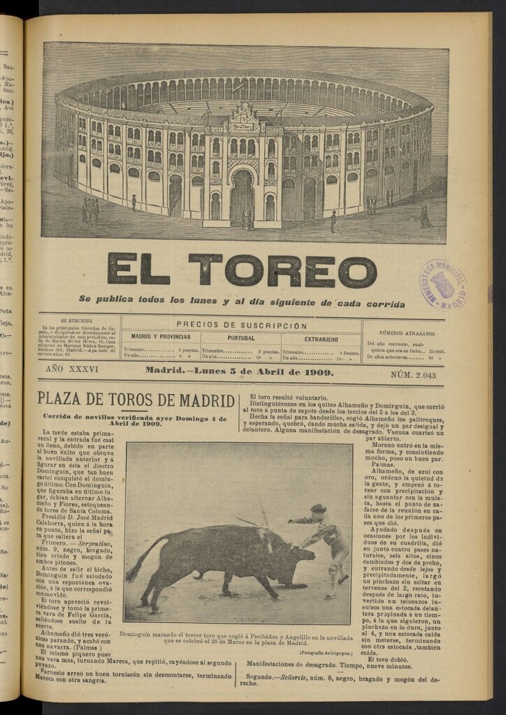Miniatura de El Toreo: suplemento a "La Correspondencia Teatral"  del 5 de abril de 1909, nº 2043
