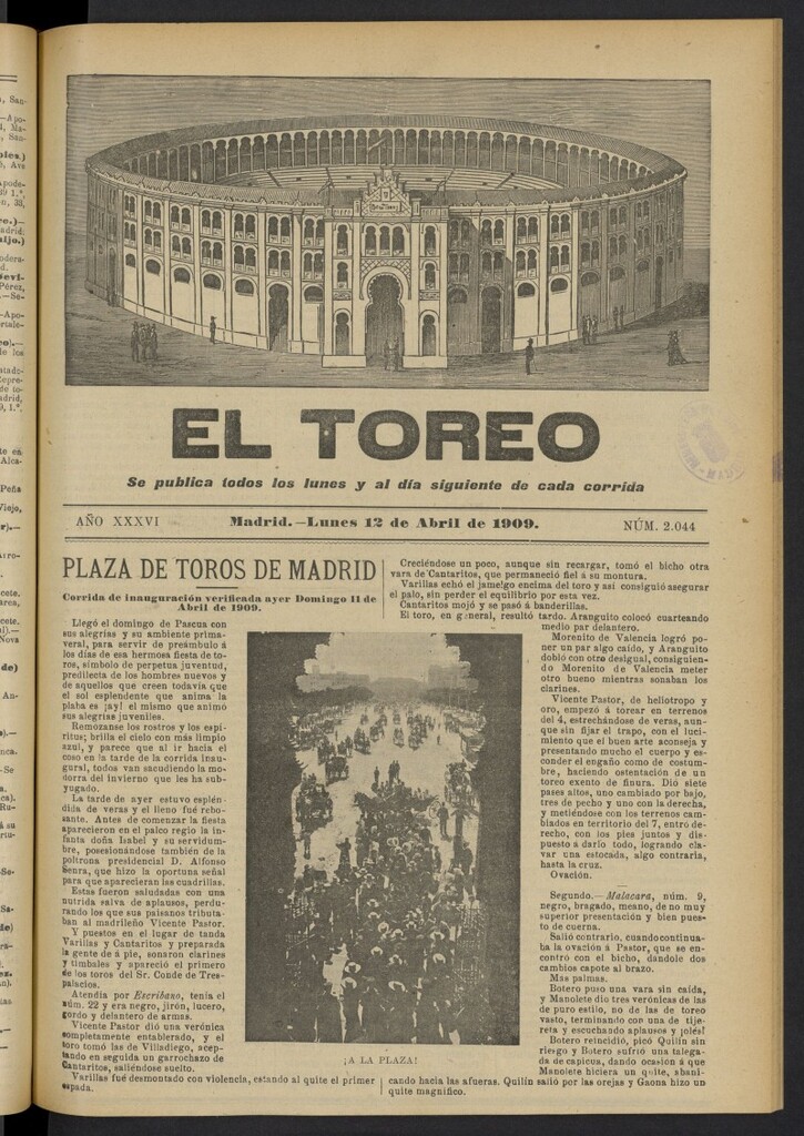 Miniatura de El Toreo: suplemento a ´´La Correspondencia Teatral´´  del 12 de abril de 1909, nº 2044