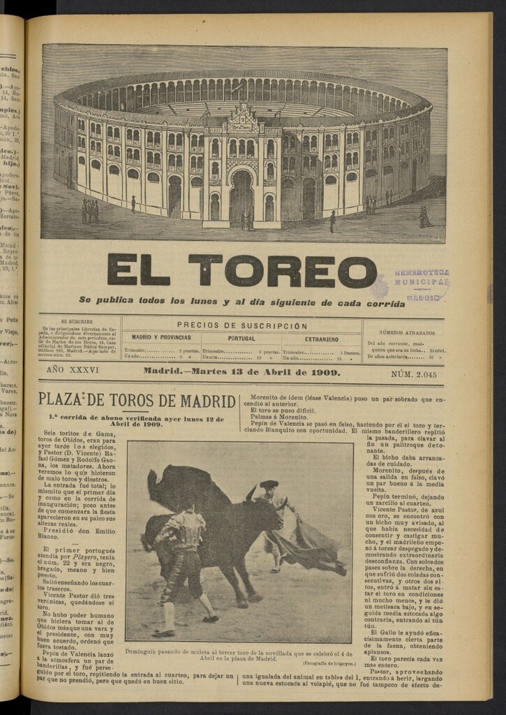 Miniatura de El Toreo: suplemento a ´´La Correspondencia Teatral´´  del 13 de abril de 1909, nº 2045