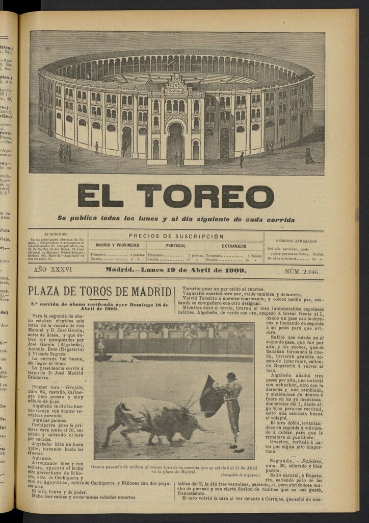 Miniatura de El Toreo: suplemento a ´´La Correspondencia Teatral´´  del 19 de abril de 1909, nº 2046