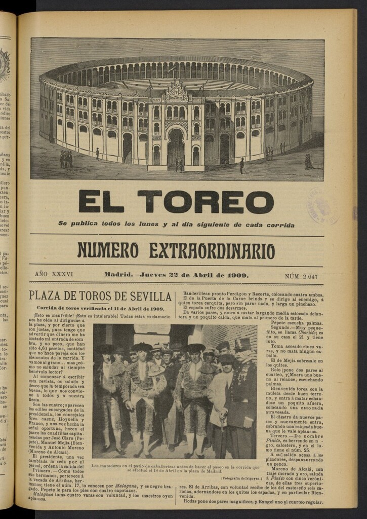 Miniatura de El Toreo: suplemento a ´´La Correspondencia Teatral´´  del 22 de abril de 1909, nº 2047