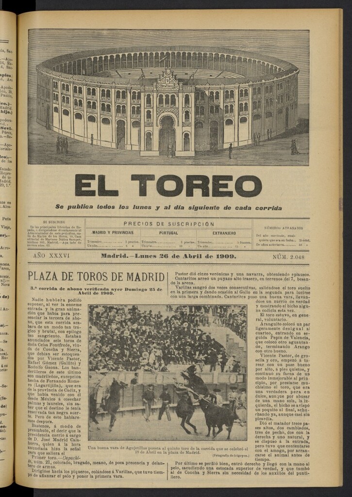 Miniatura de El Toreo: suplemento a "La Correspondencia Teatral"  del 26 de abril de 1909, nº 2048