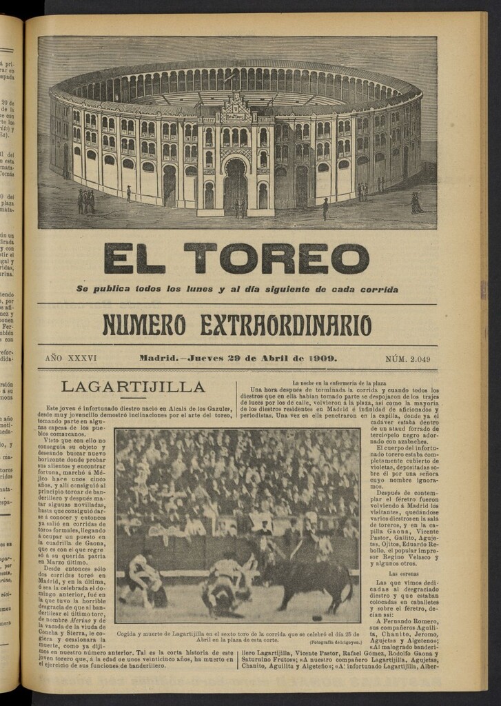 Miniatura de El Toreo: suplemento a "La Correspondencia Teatral"  del 29 de abril de 1909, nº 2049