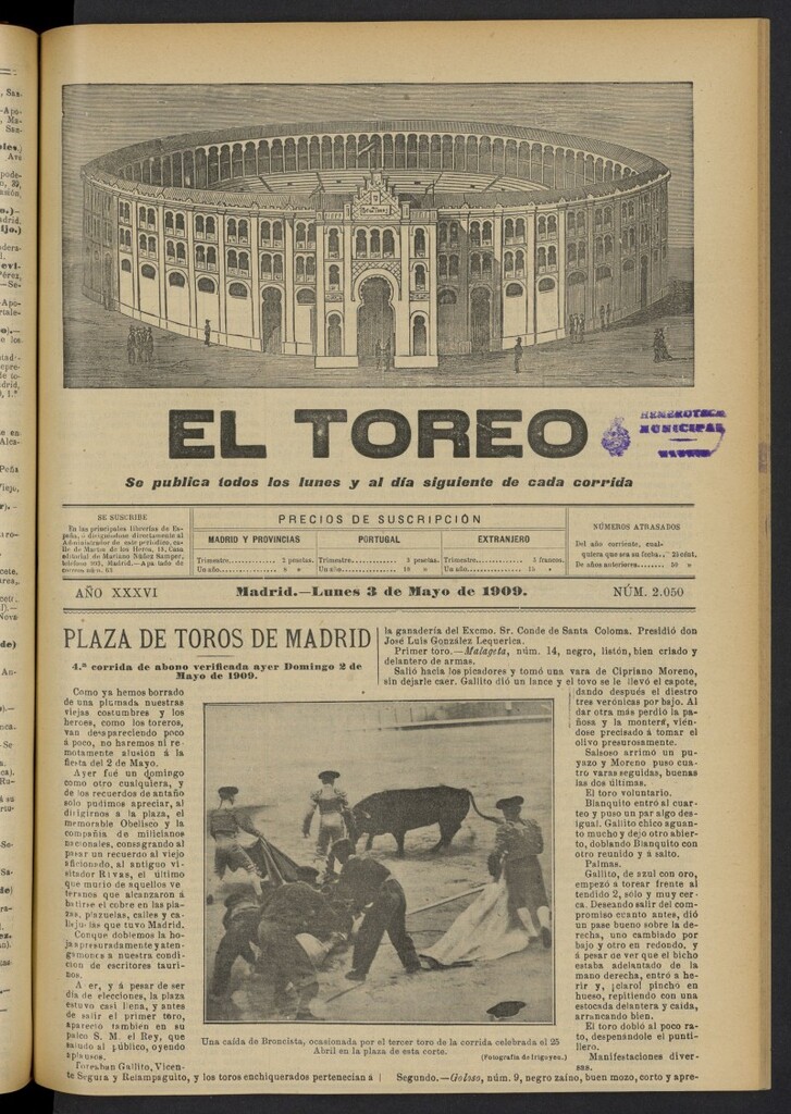 Miniatura de El Toreo: suplemento a "La Correspondencia Teatral"  del 3 de mayo de 1909, nº 2050