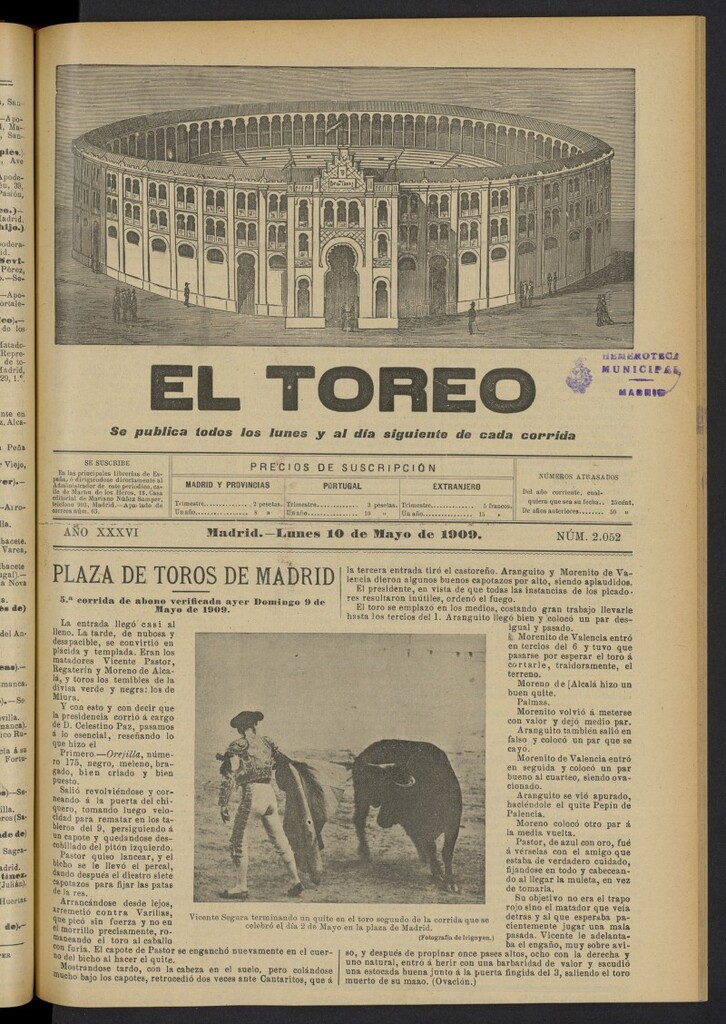 Miniatura de El Toreo: suplemento a ´´La Correspondencia Teatral´´  del 10 de mayo de 1909, nº 2052