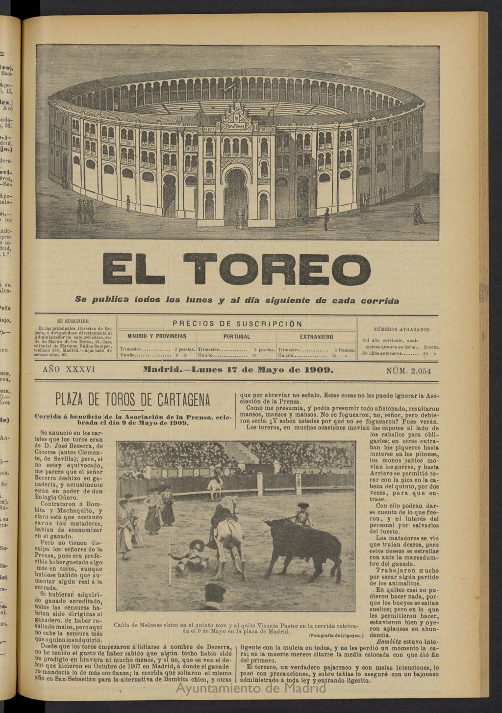 Miniatura de El Toreo: suplemento a ´´La Correspondencia Teatral´´  del 17 de mayo de 1909, nº 2054