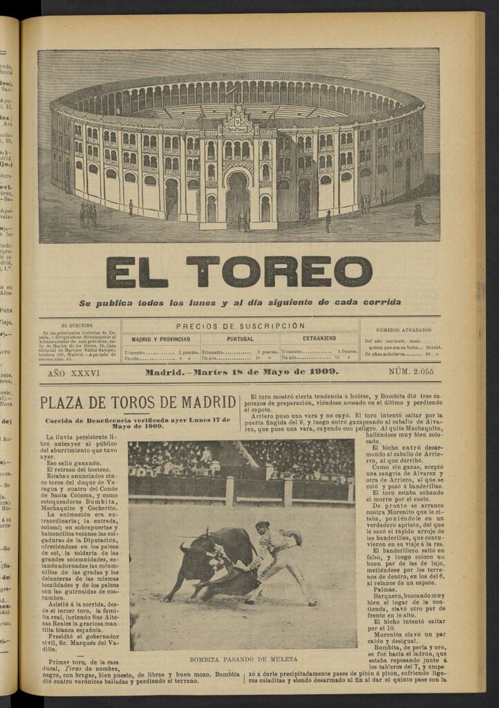 Miniatura de El Toreo: suplemento a ´´La Correspondencia Teatral´´  del 18 de mayo de 1909, nº 2055