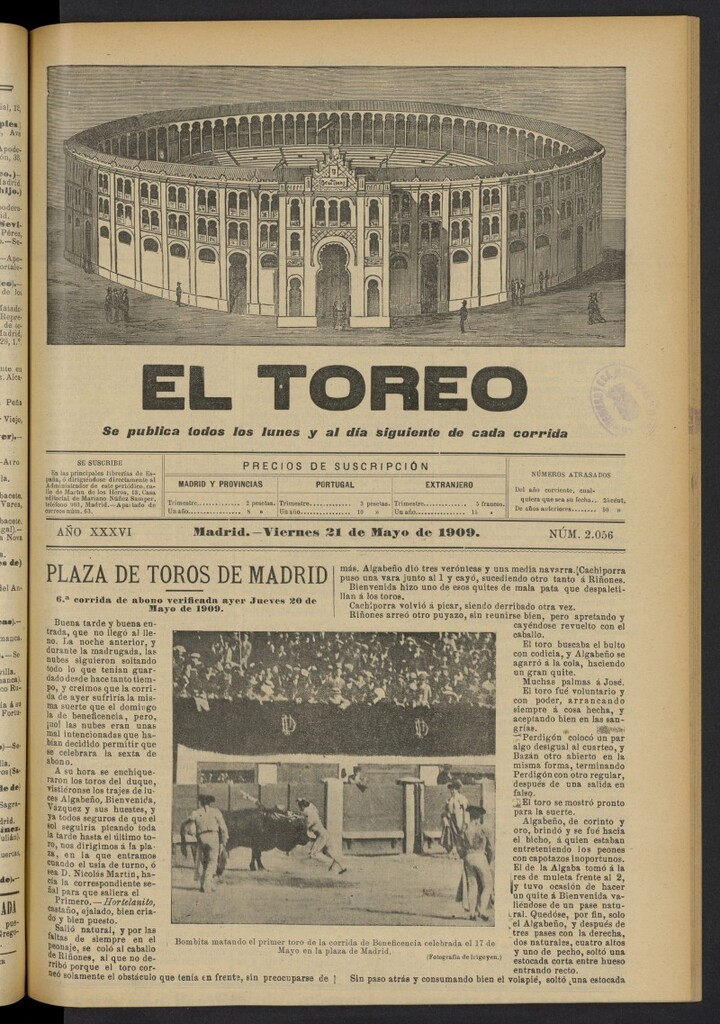 Miniatura de El Toreo: suplemento a ´´La Correspondencia Teatral´´  del 21 de mayo de 1909, nº 2056