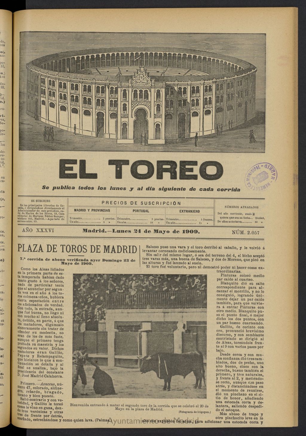 Miniatura de El Toreo: suplemento a "La Correspondencia Teatral"  del 24 de mayo de 1909, nº 2057