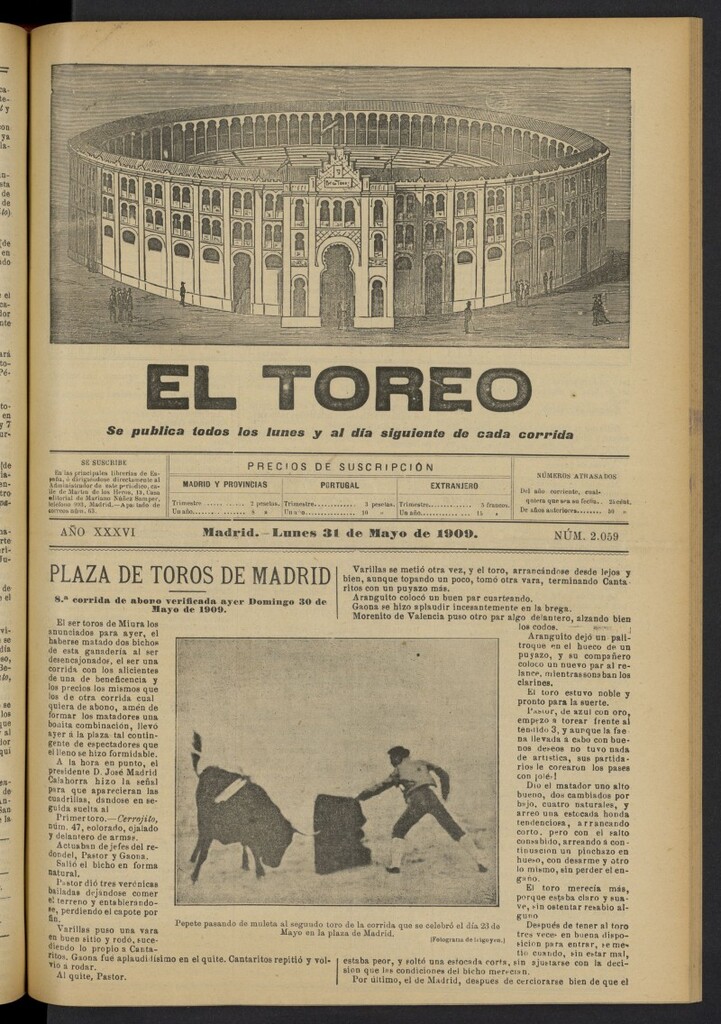 Miniatura de El Toreo: suplemento a "La Correspondencia Teatral"  del 31 de mayo de 1909, nº 2059