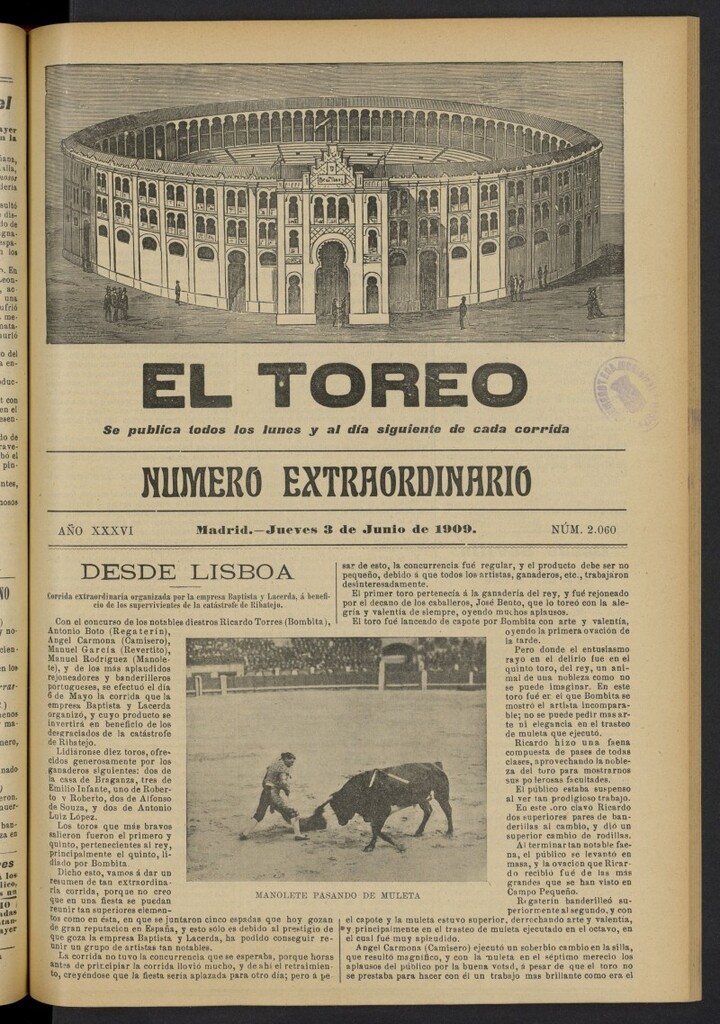 Miniatura de El Toreo: suplemento a "La Correspondencia Teatral"  del 3 de junio de 1909, nº 2060