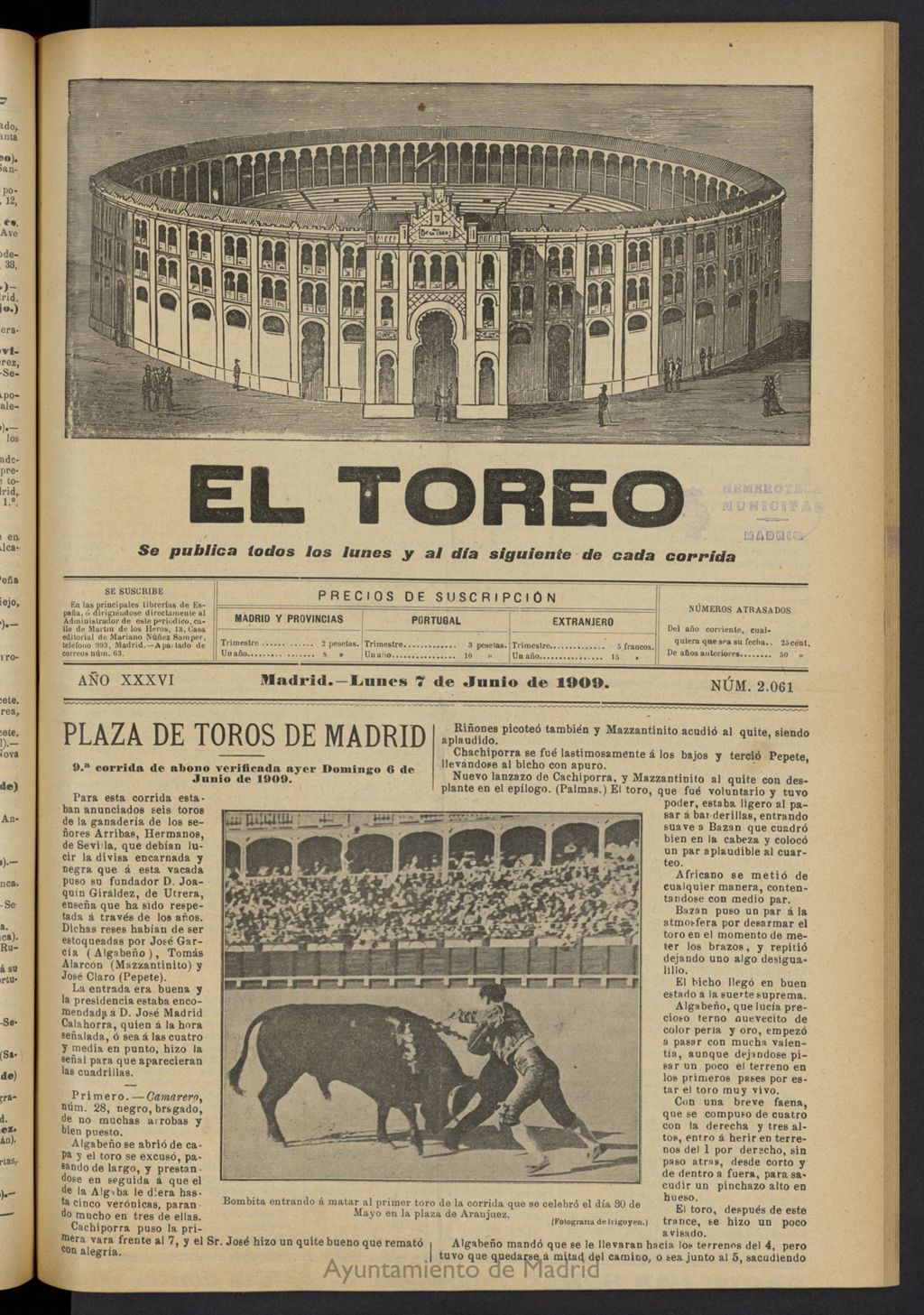 Miniatura de El Toreo: suplemento a "La Correspondencia Teatral"  del 7 de junio de 1909, nº 2061