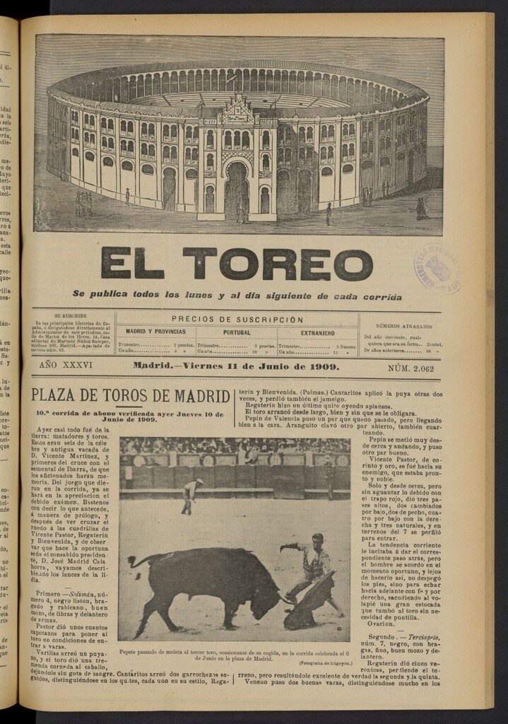 Miniatura de El Toreo: suplemento a ´´La Correspondencia Teatral´´  del 11 de junio de 1909, nº 2062