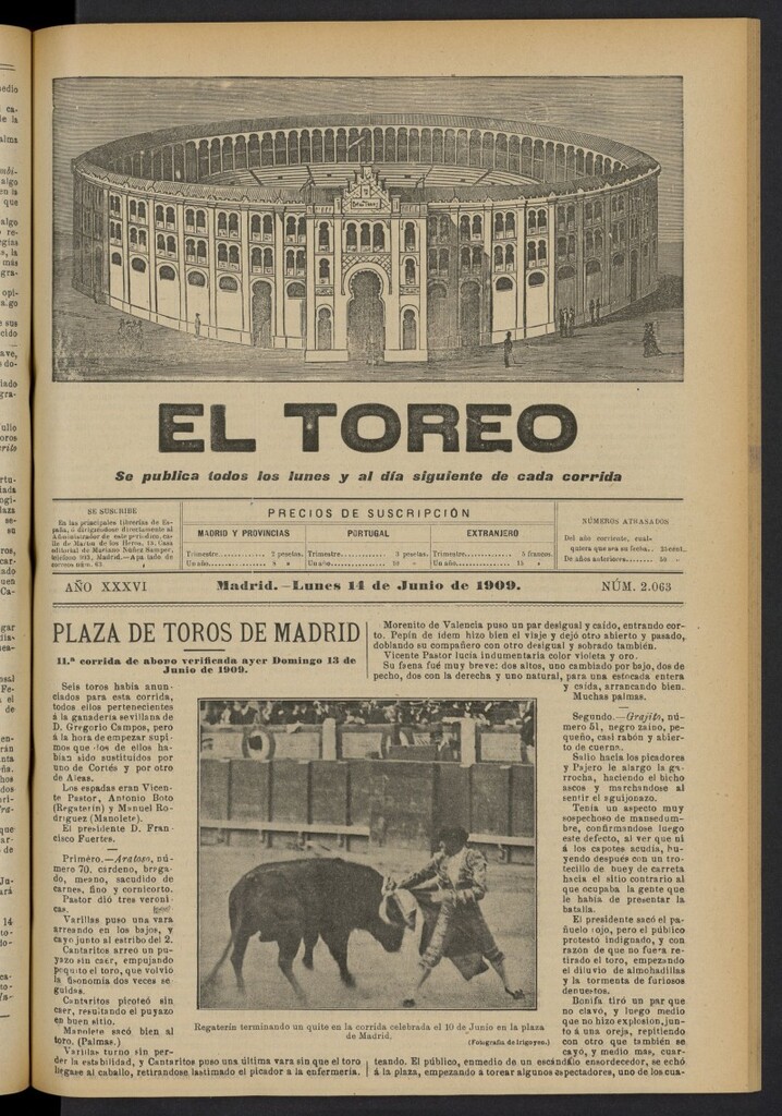 Miniatura de El Toreo: suplemento a "La Correspondencia Teatral"  del 14 de junio de 1909, nº 2063