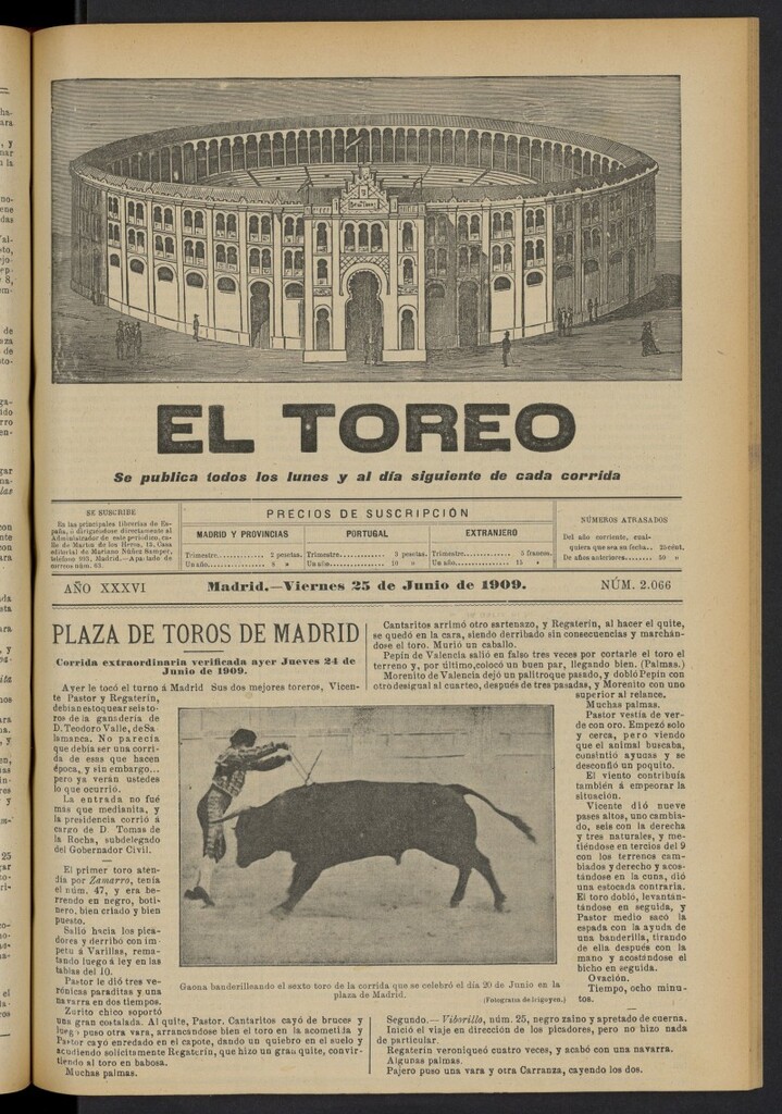 Miniatura de El Toreo: suplemento a "La Correspondencia Teatral"  del 25 de junio de 1909, nº 2066