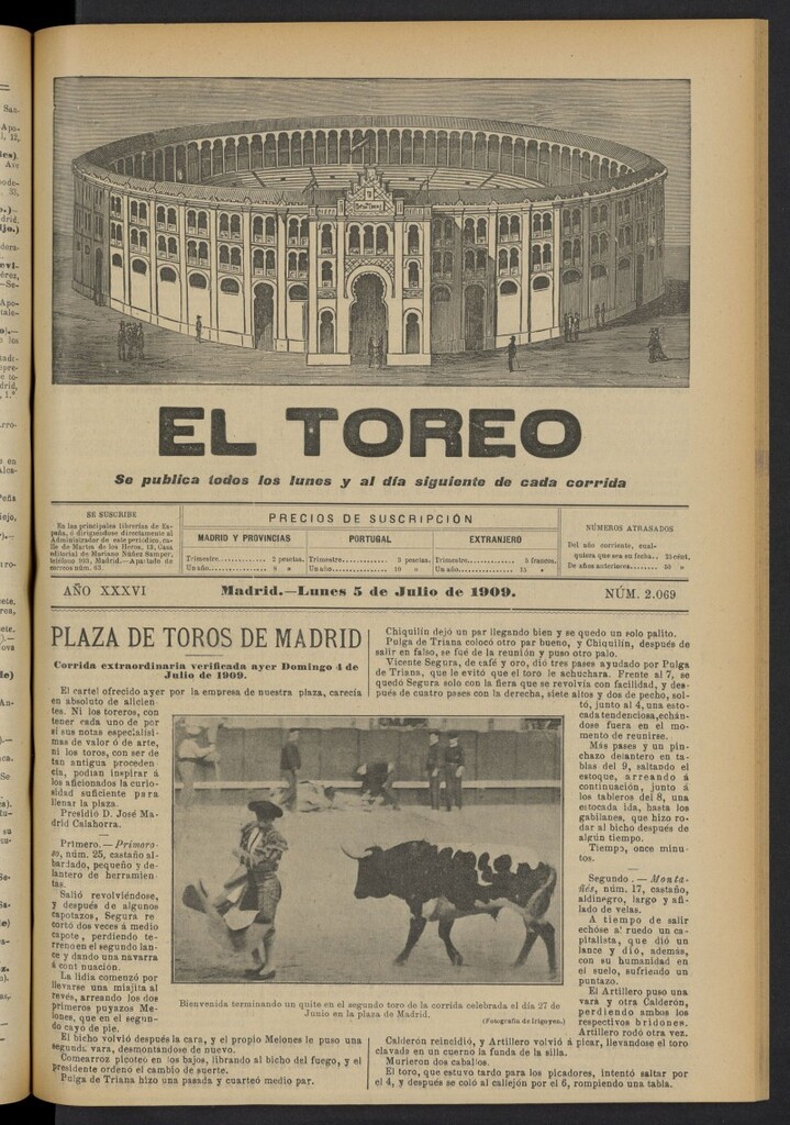 Miniatura de El Toreo: suplemento a "La Correspondencia Teatral"  del 5 de julio de 1909, nº 2069