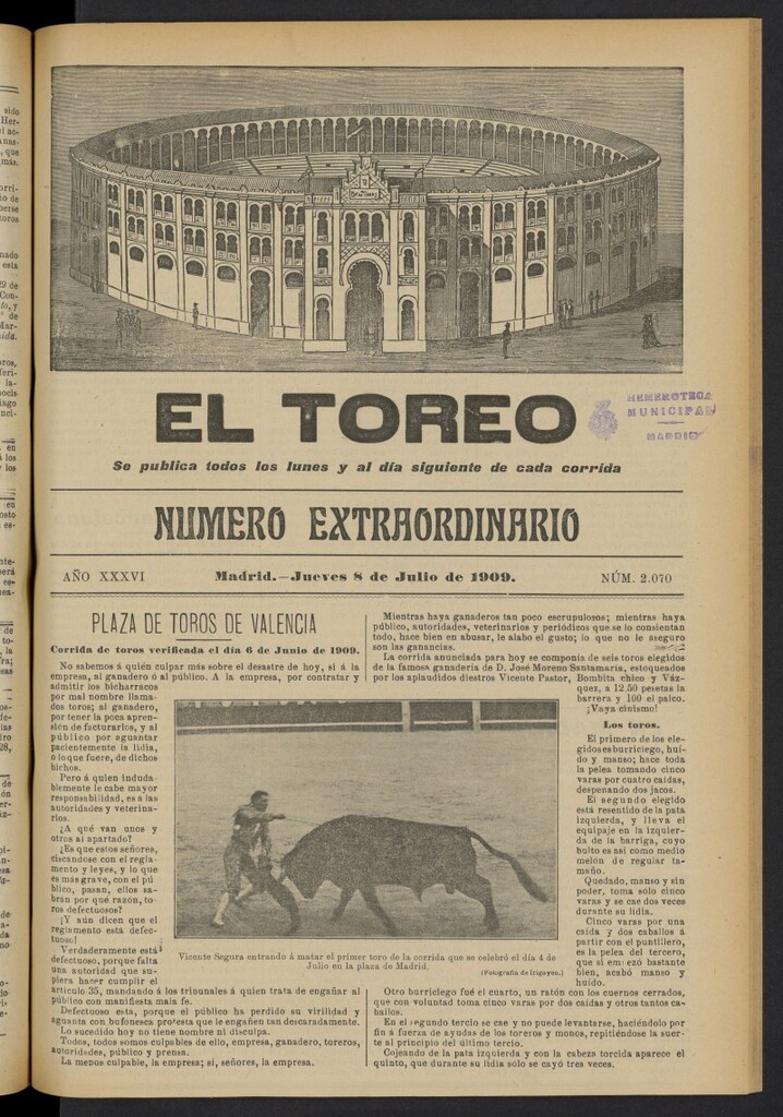 Miniatura de El Toreo: suplemento a "La Correspondencia Teatral"  del 8 de julio de 1909, nº 2070