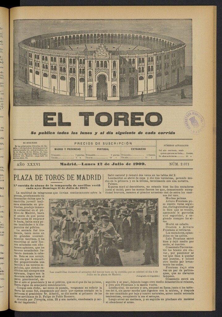 Miniatura de El Toreo: suplemento a "La Correspondencia Teatral"  del 12 de julio de 1909, nº 2071
