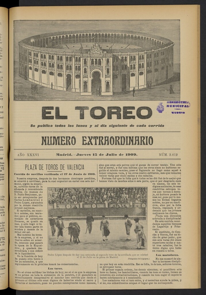 Miniatura de El Toreo: suplemento a "La Correspondencia Teatral"  del 15 de julio de 1909, nº 2072