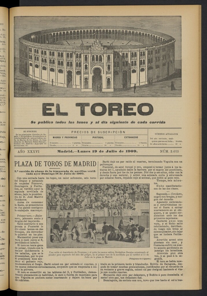 Miniatura de El Toreo: suplemento a "La Correspondencia Teatral"  del 19 de julio de 1909, nº 2073
