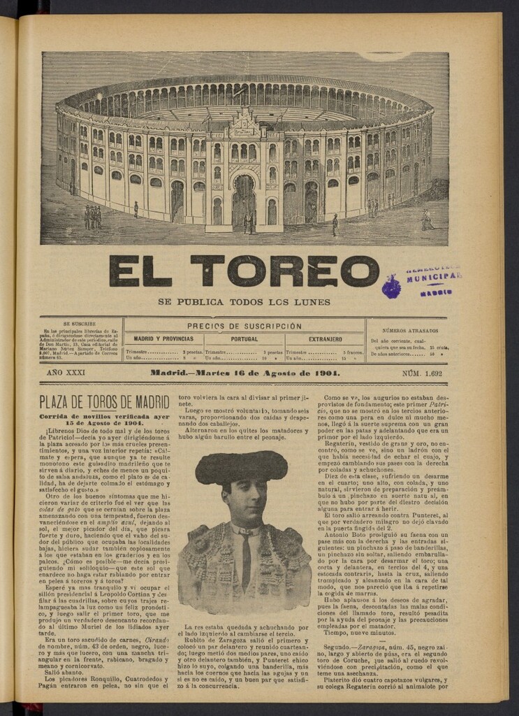 Miniatura de El Toreo: suplemento a "La Correspondencia Teatral" del 16 de agosto de 1904, nº 1692