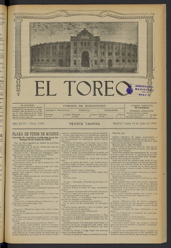 Miniatura de El Toreo: suplemento a "La Correspondencia Teatral" del 14 de julio de 1919, nº 2681